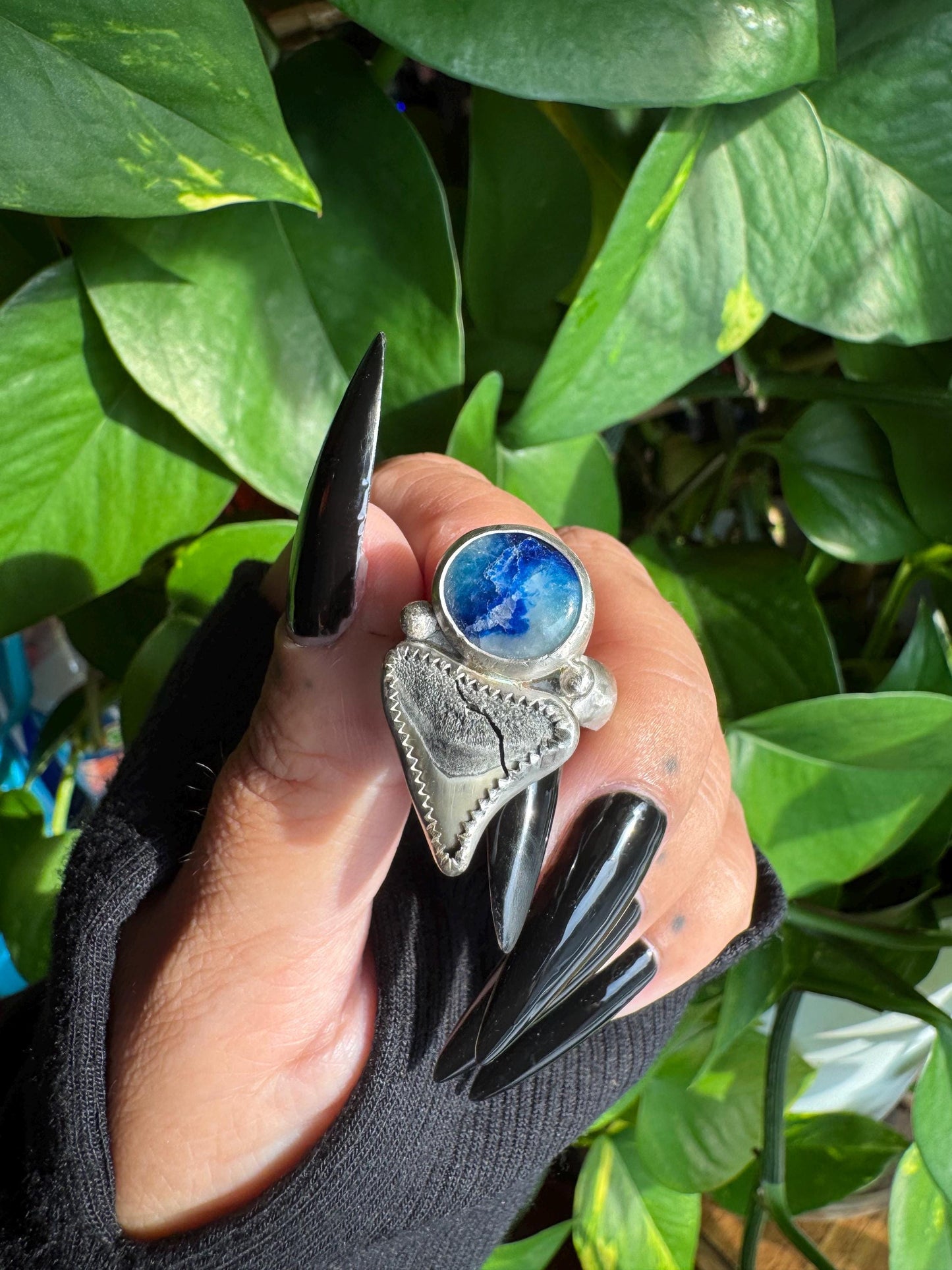 Afghanite & Shark tooth UV Ring - size 7 -discounted