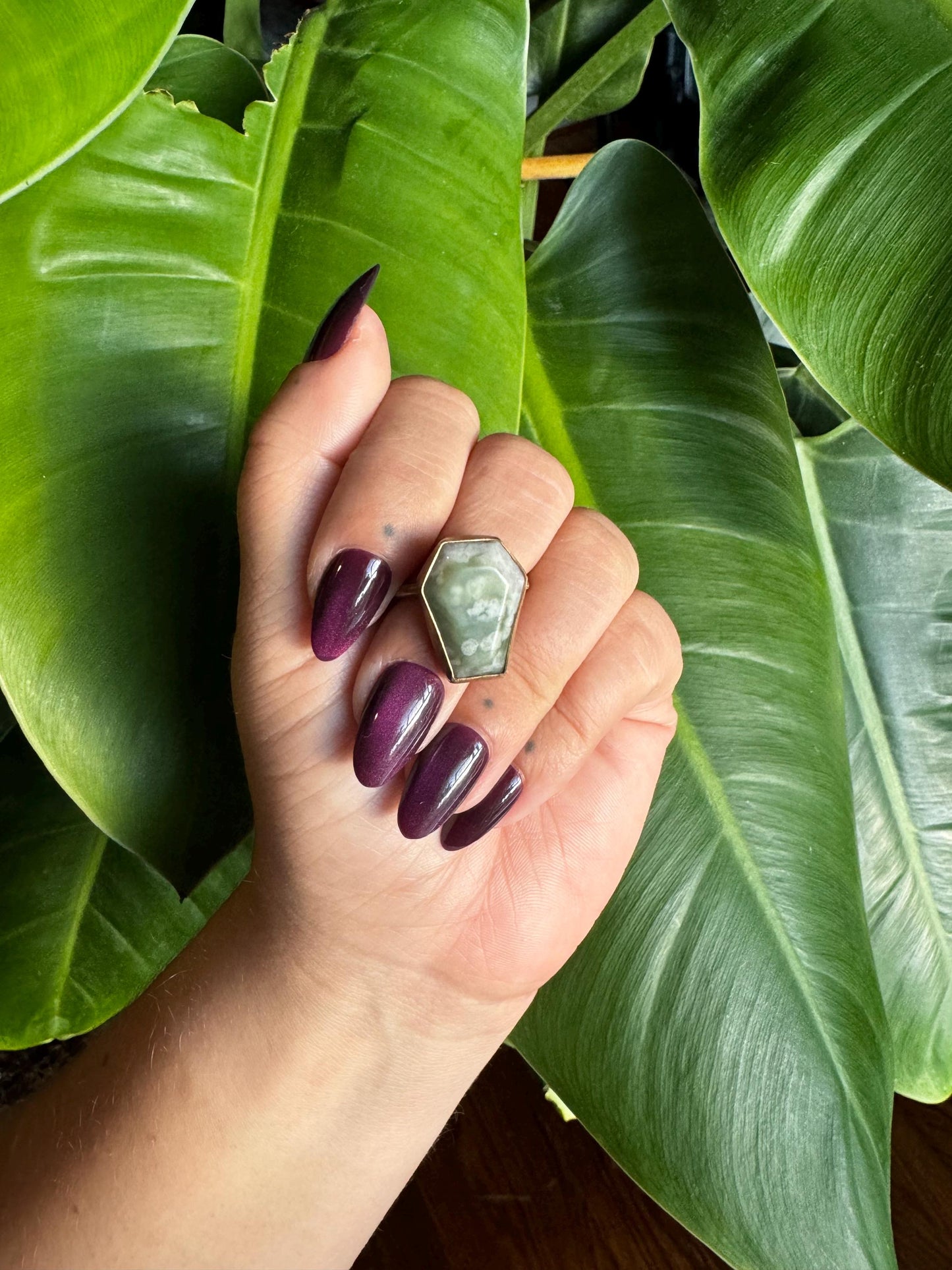 Moss Agate Coffin Ring size 7