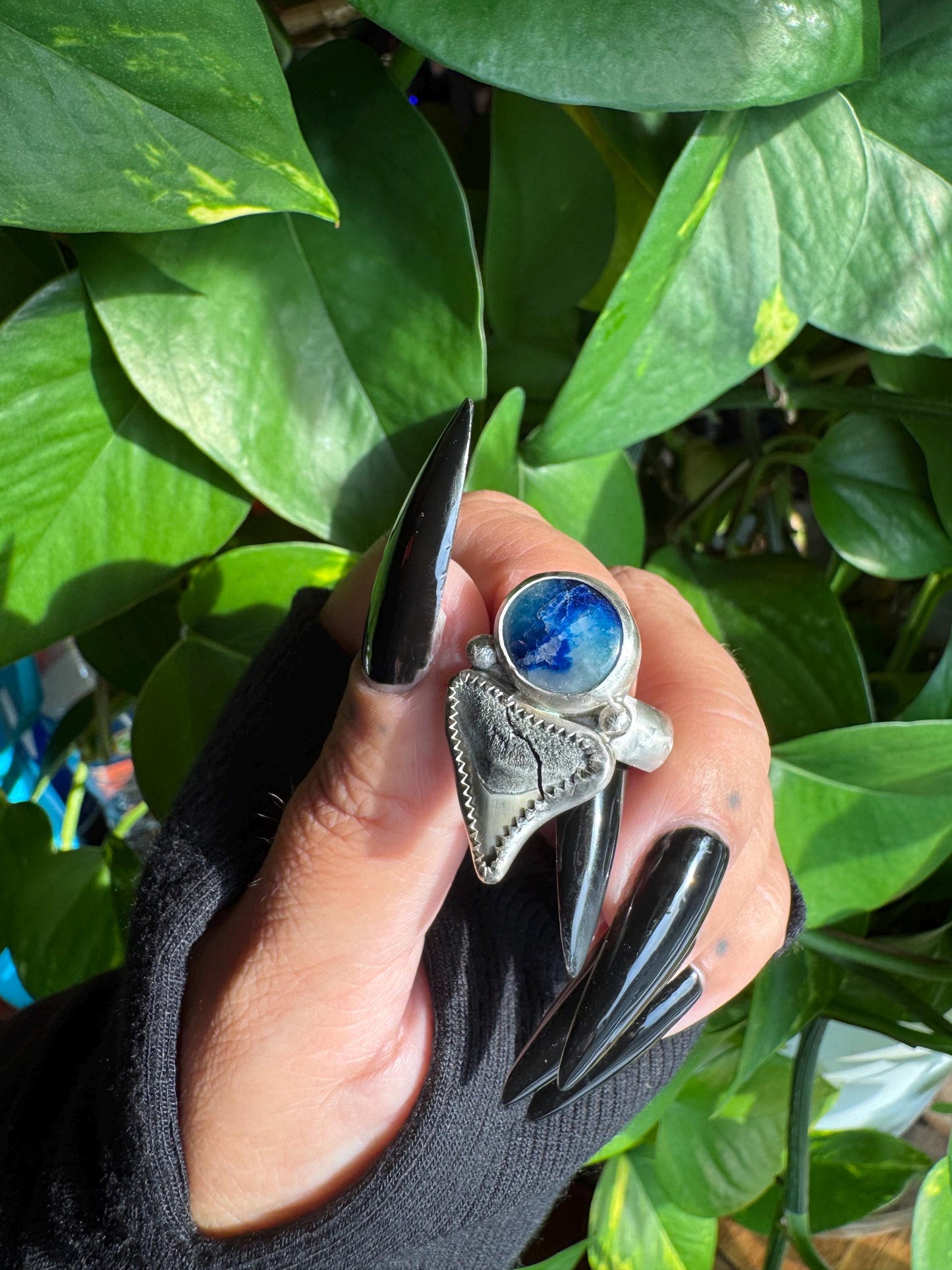 Afghanite & Shark tooth UV Ring - size 7 -discounted