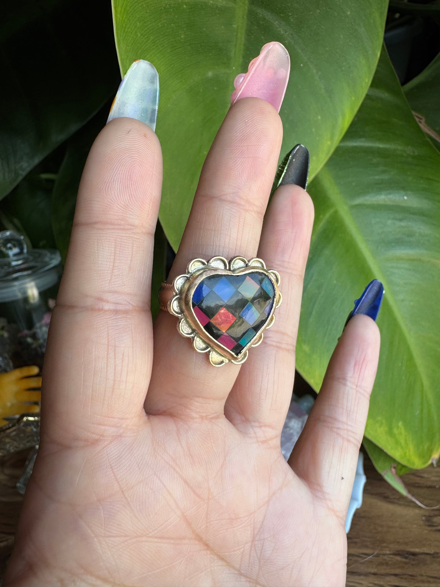 Opal Checker Heart Ring