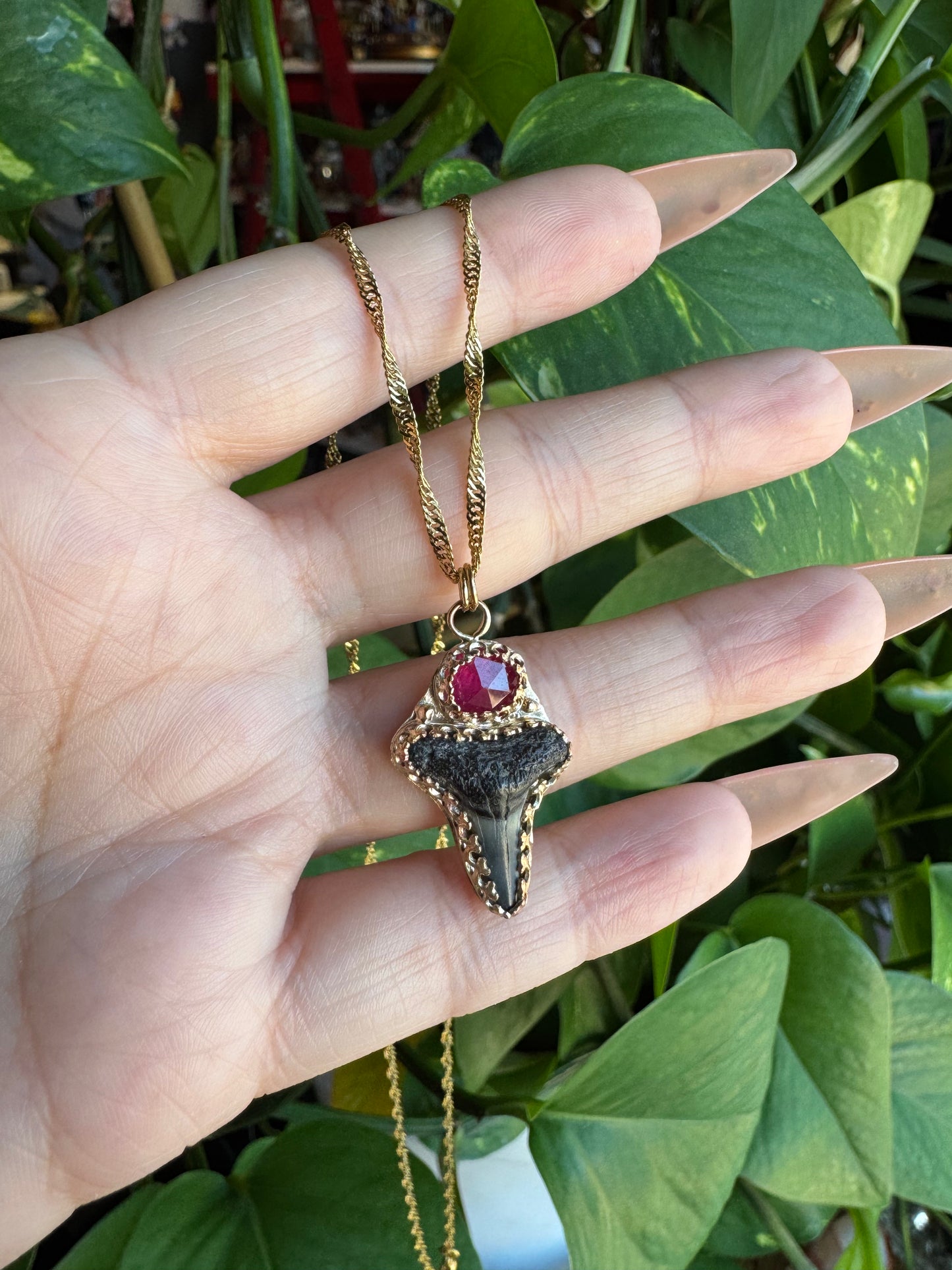 Pink Sapphire & Shark Tooth Pendant