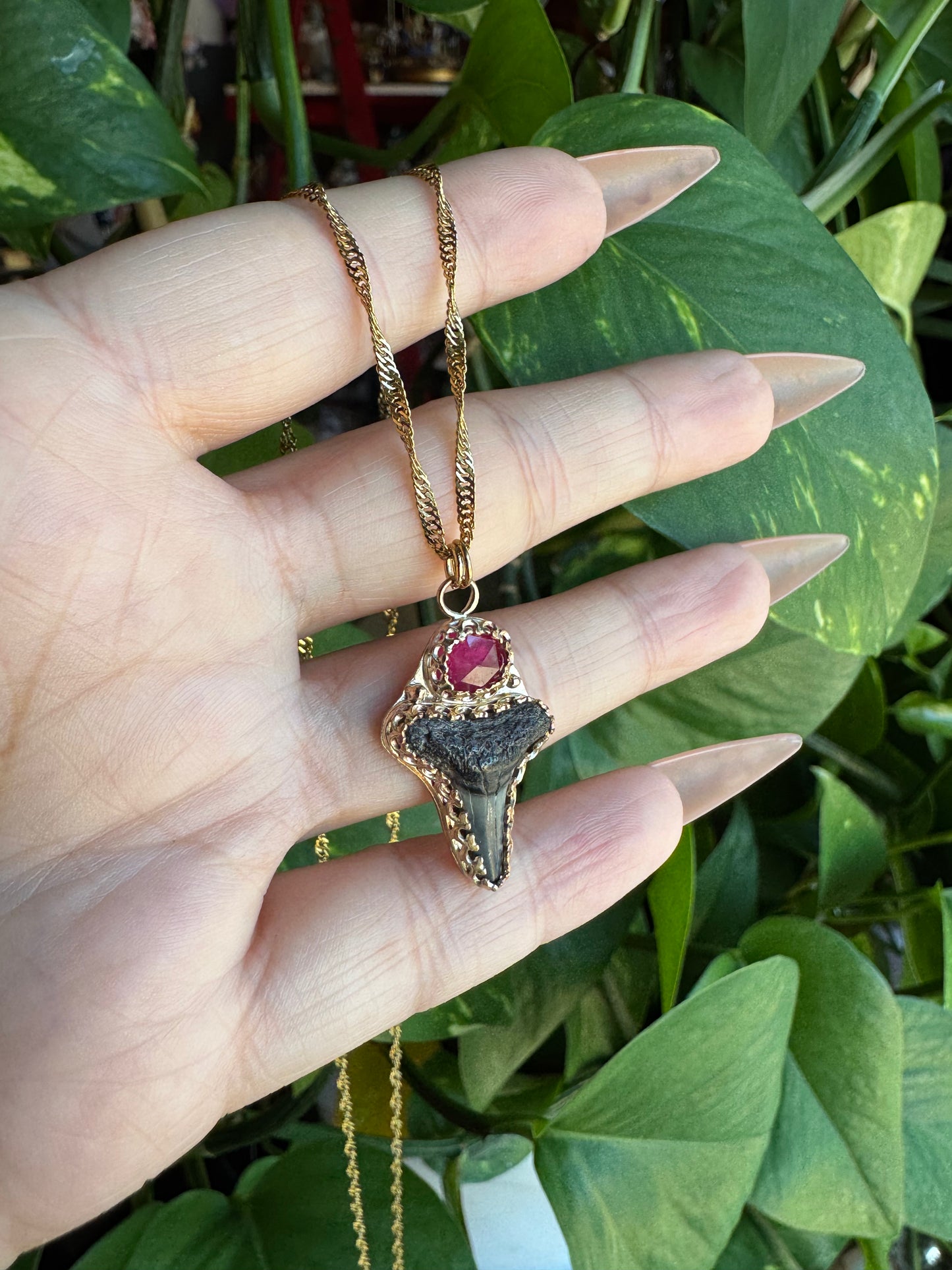 Pink Sapphire & Shark Tooth Pendant