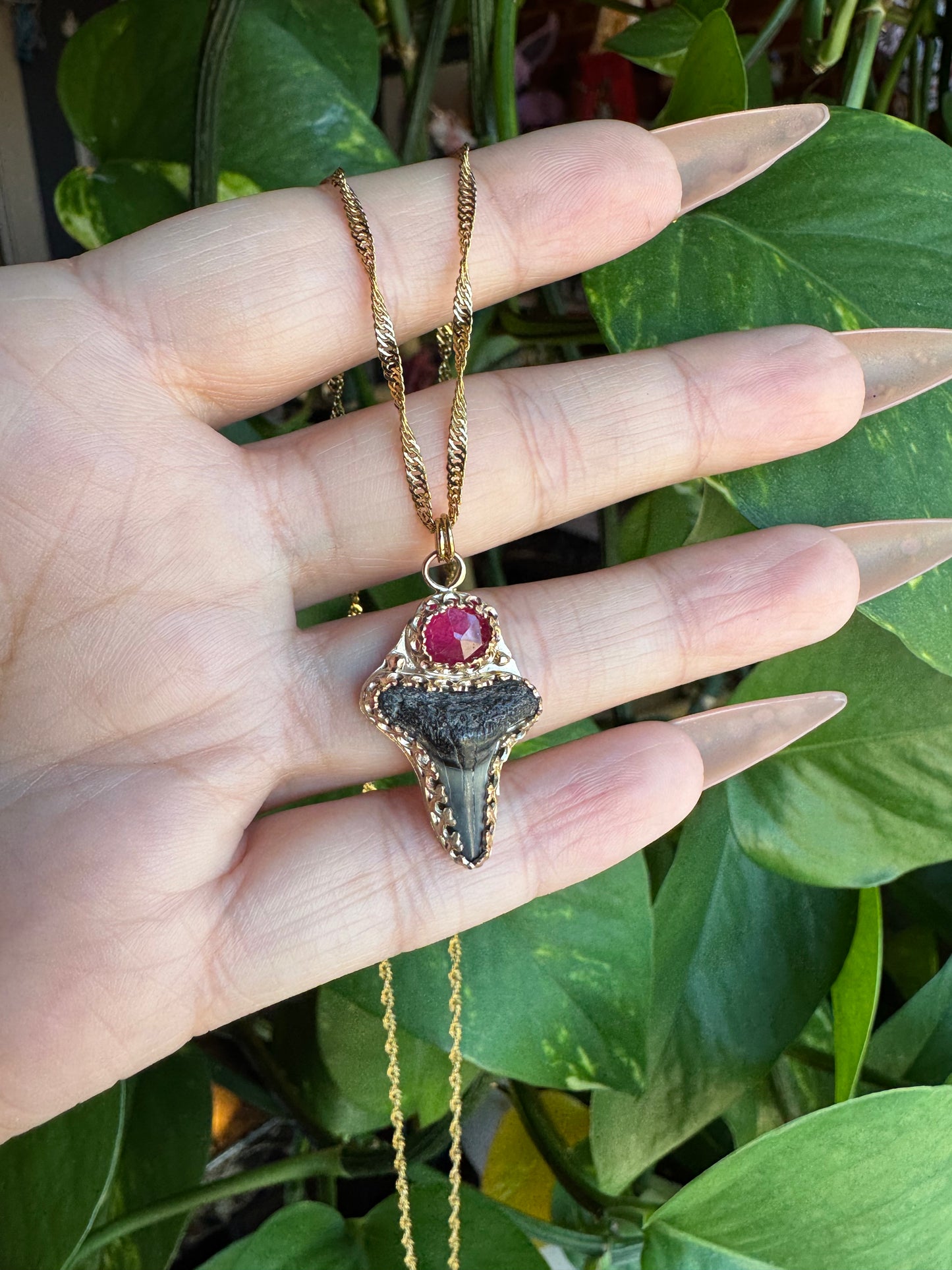 Pink Sapphire & Shark Tooth Pendant