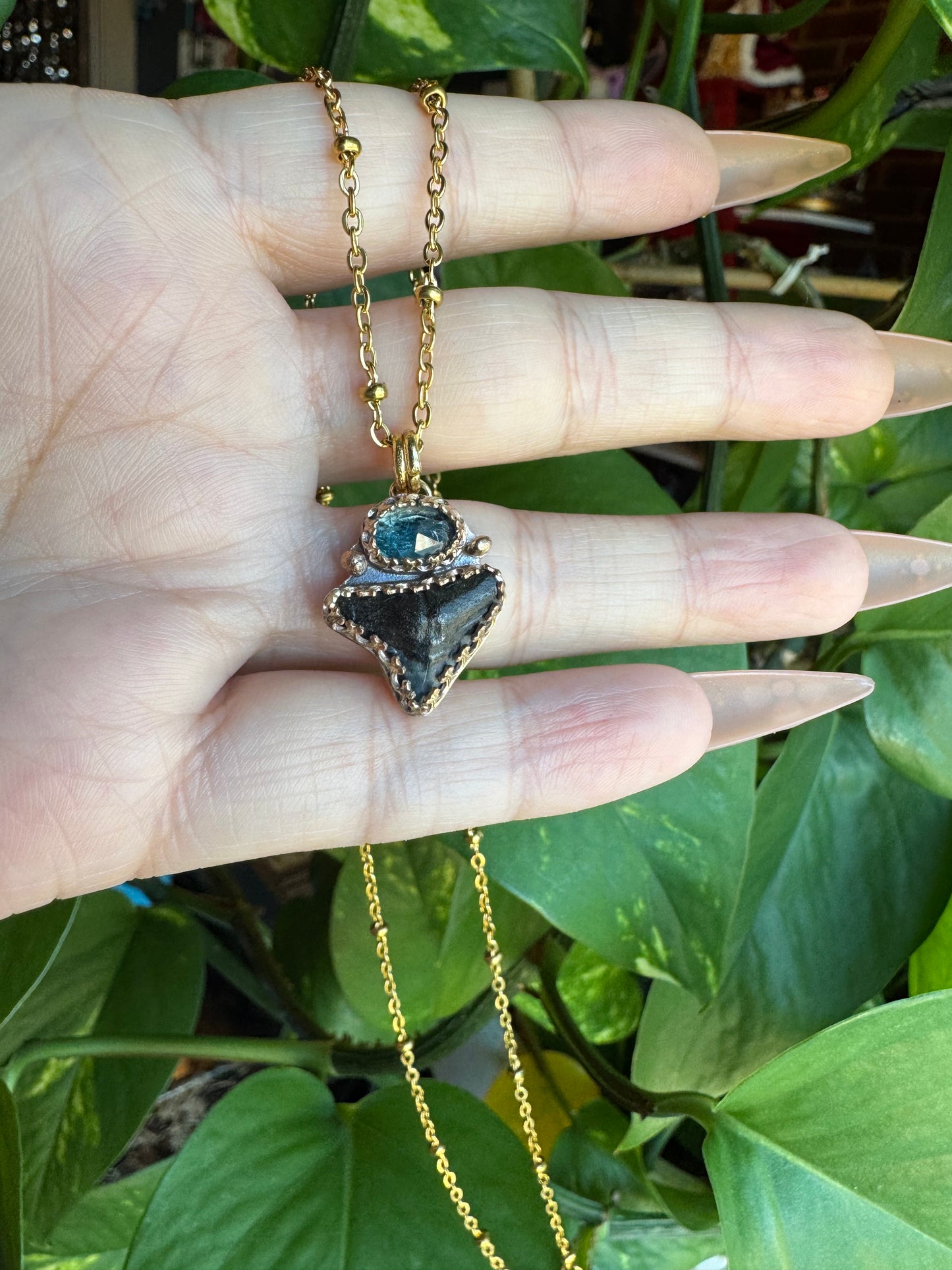 Blue Kyanite & Shark Tooth Pendant