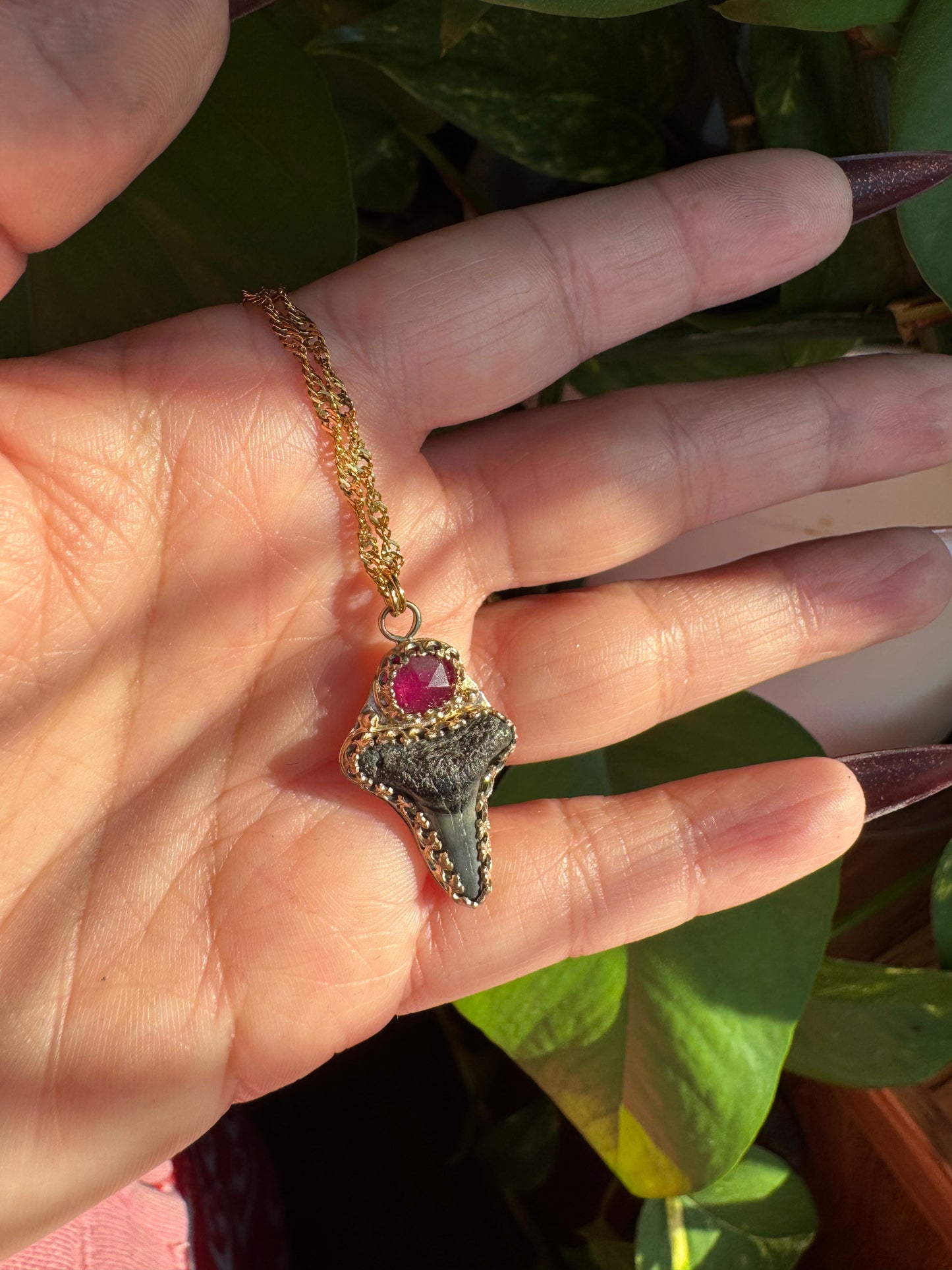 Pink Sapphire & Shark Tooth Pendant