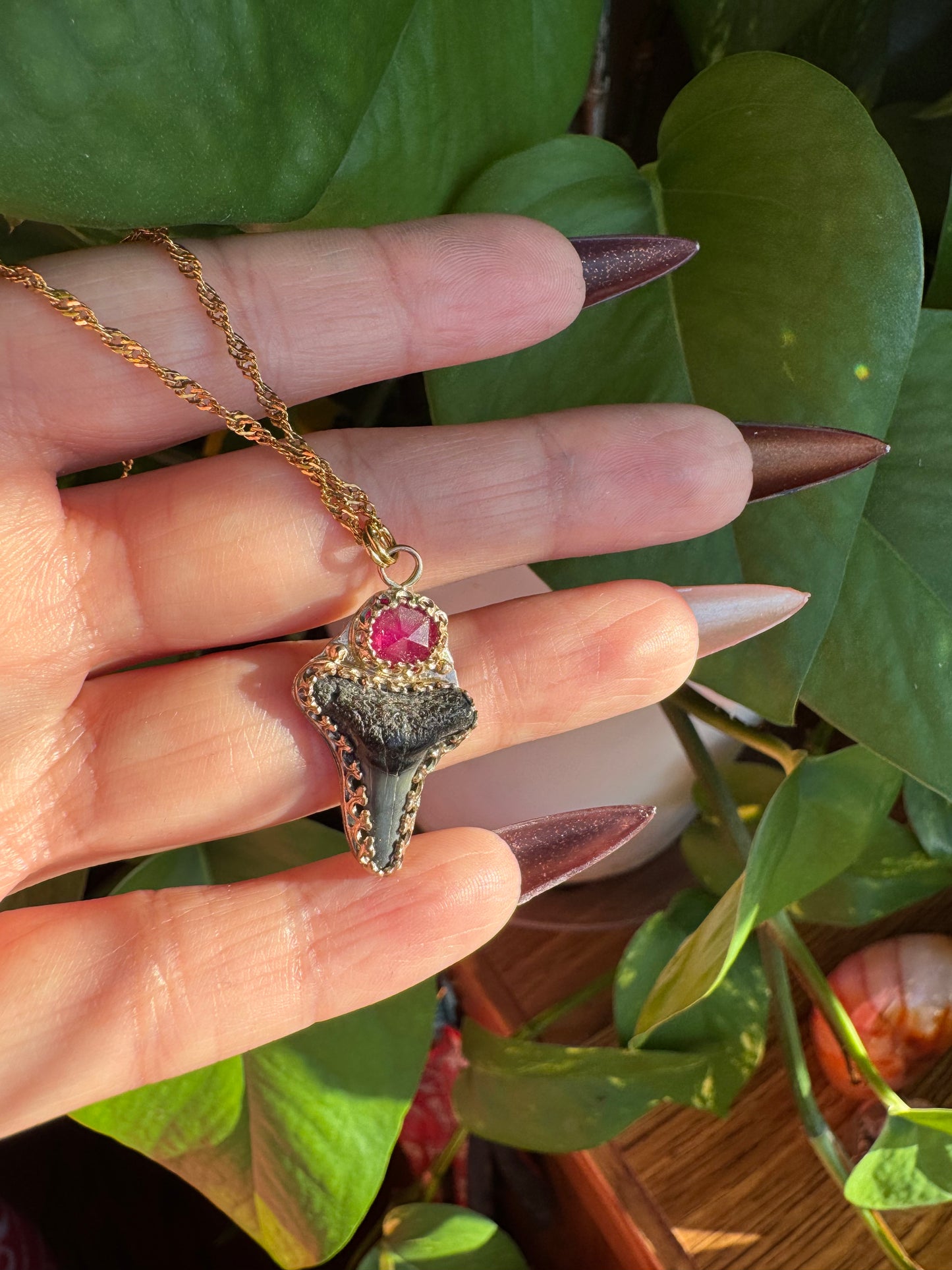 Pink Sapphire & Shark Tooth Pendant